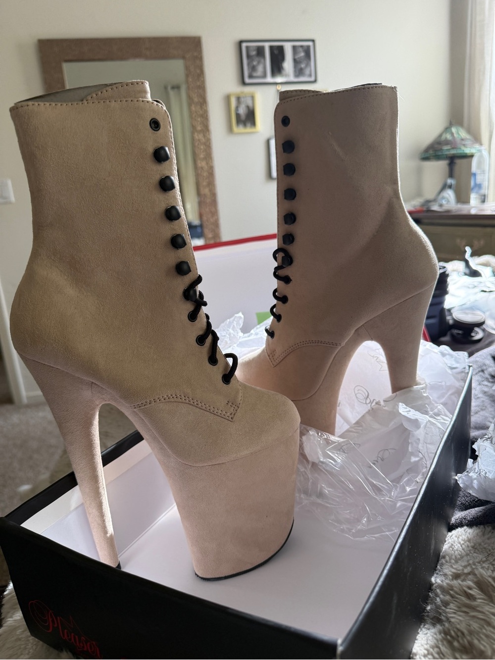 Pleaser Beige Suede Lace-Up Platform Heels Boots Size 6 NIB